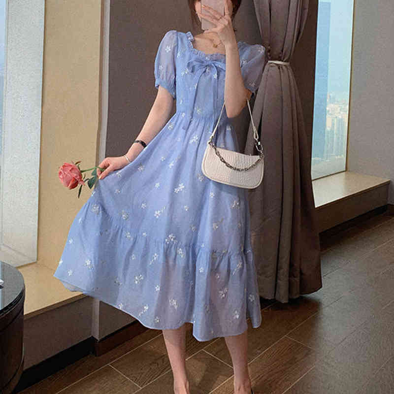 

Summer Bow Elegant Midi Dress Women Casual Short Sleeve Sqaure Collar Fairy Floral Midi Dress Female Dress Korean 210521, White