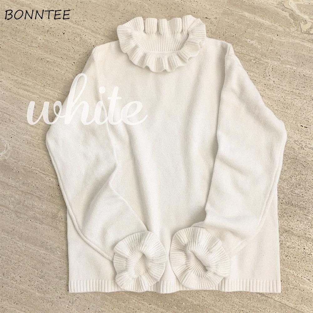 

Sweaters Women Kawaii Ruffles Design College Solid Chic Girls Sweater All-match Ulzzang Simple Soft Long Sleeve Ladies Knitwear, White