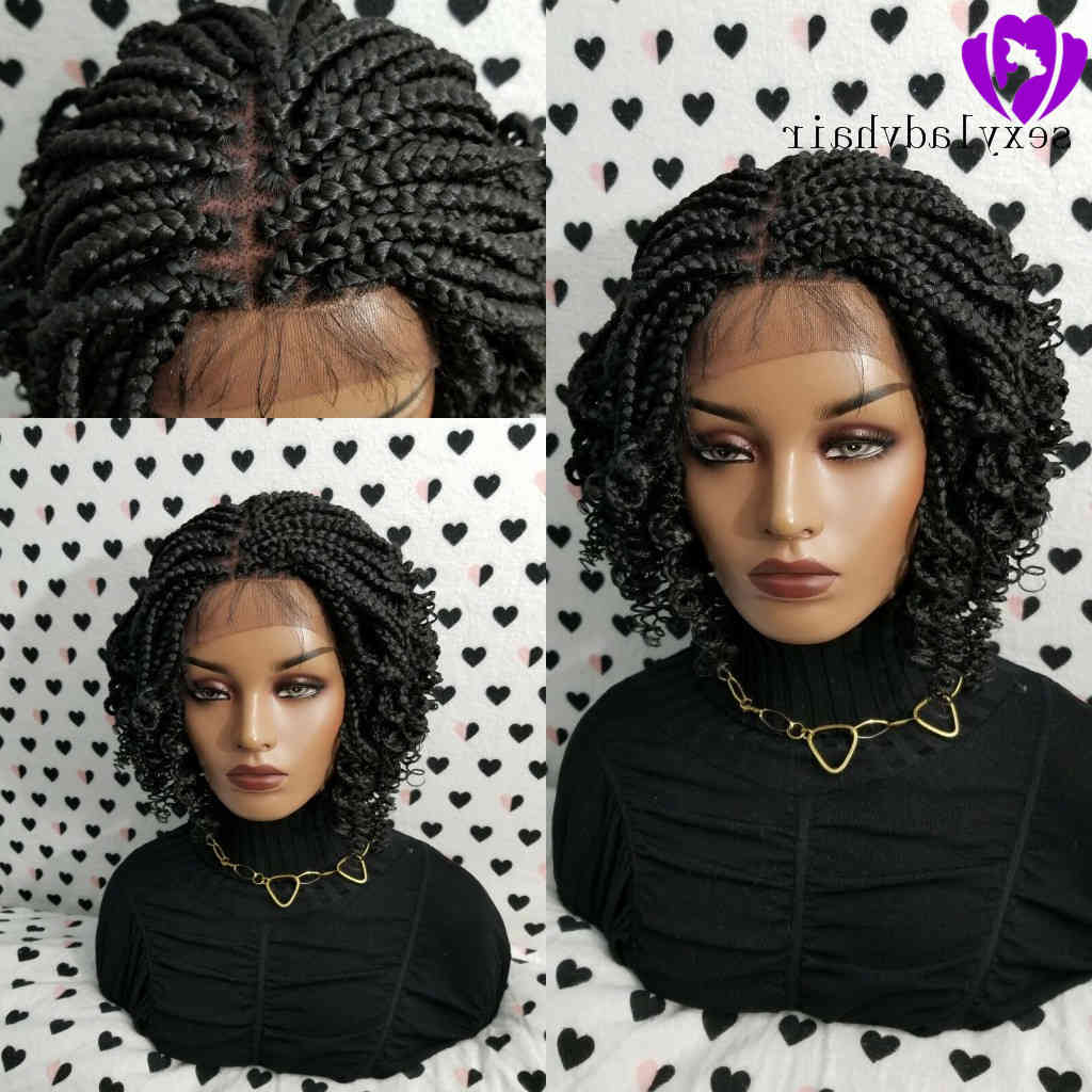 

Africa american women braids style handmade full Box Braid wig black /brown/ombre color short Braided Lace Front Wig With Curly Ends