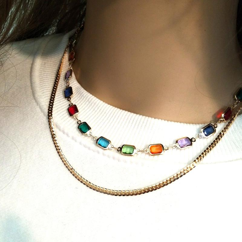 

Chains Designer Original Square Colorful Diamond Double Layer Necklace 2021 Ladies Fashion Simple Clavicle Jewelry Gift For Girlfriend