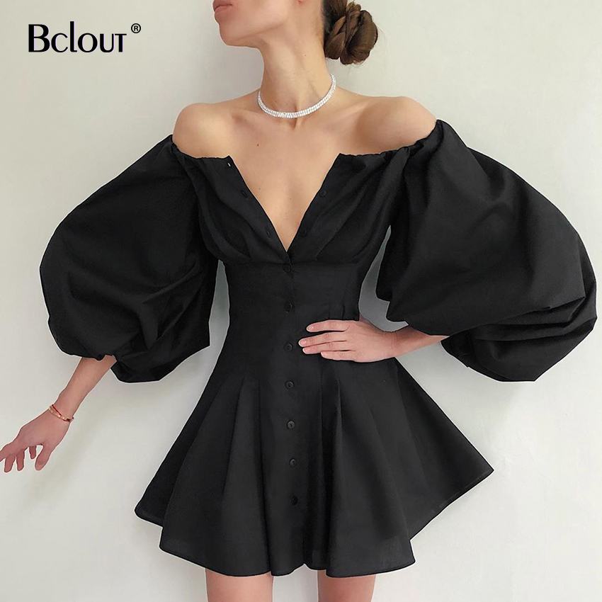 

Bclout Elegant High Waist Fit And Flare Women Dress 2021 White Off Shoulder Mini Dress Dresses Black Latern Sleeve Button Down