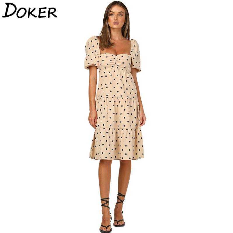 

Elegant Square Collar Short Sleeve Polka Dot Print Women Dress Sexy Backless Bandage Temperament Casual Female Dresses 210604, Skin