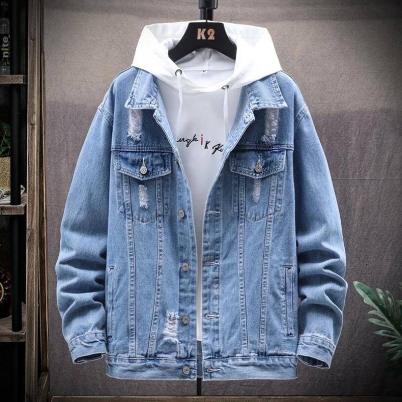 

Men's Jackets 2021 Cotton Denim Jacket Men Casual Solid Color Lapel Single Breasted Jeans Autumn Loose Ripped Hole Mens, Sky blue