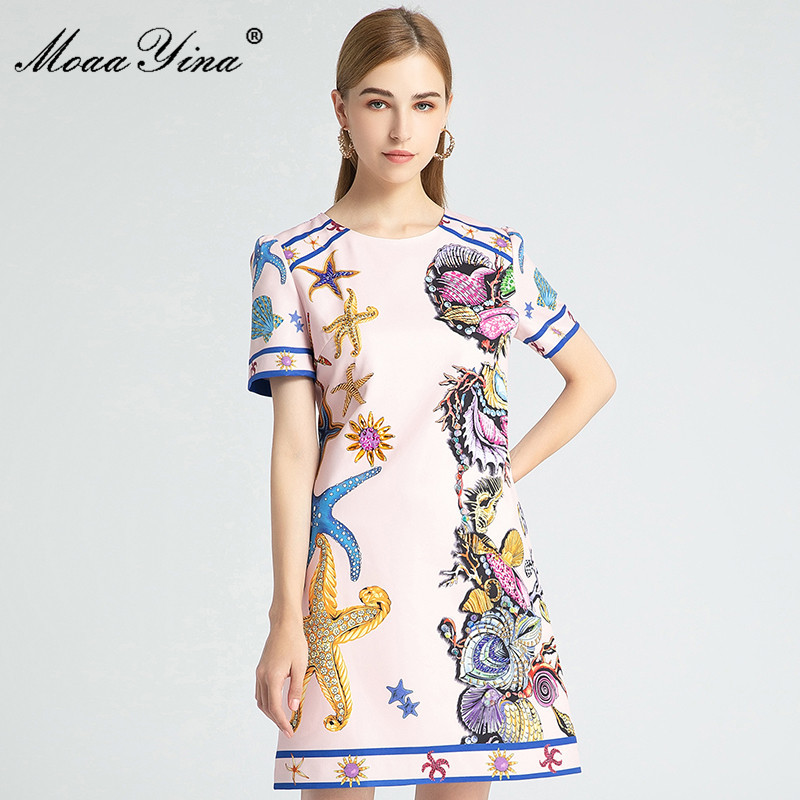 

Fashion Designer dress Summer Women's Dress Short sleeve Beaded Conch Starfish Pearl Print Dresses 210524, Multi