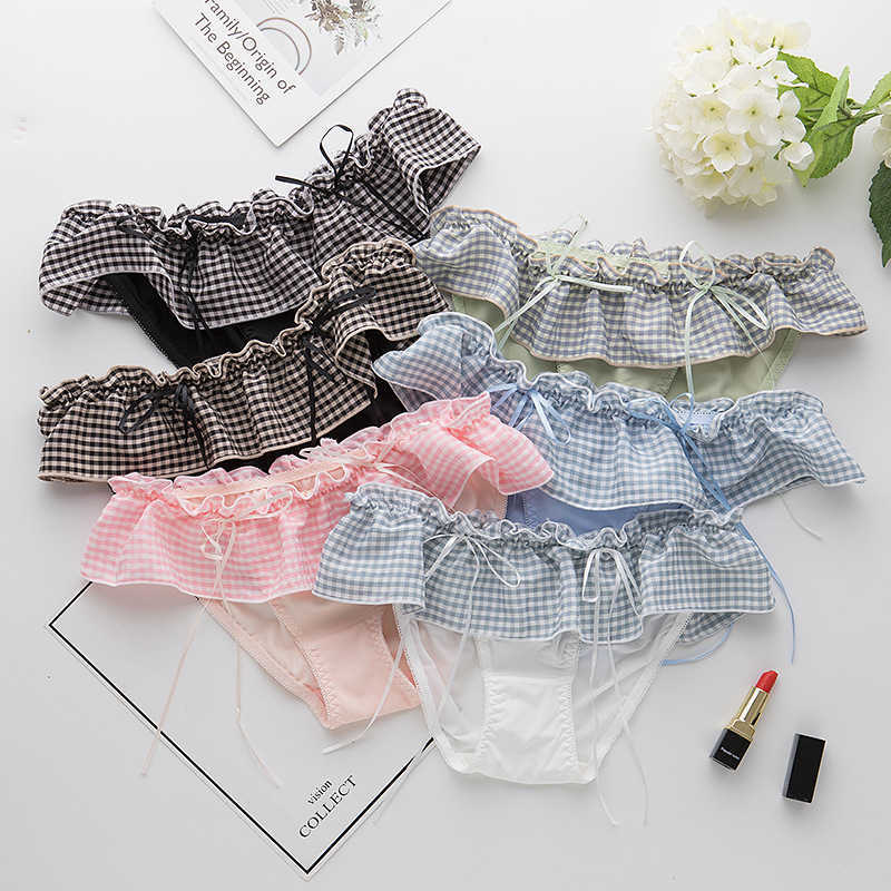 Sexy Briefs Panties Girls&#039; Lovely College Plaid Printed Version of Lace Ribbon Low Waist Women&#039;s Triangle-image-702870907