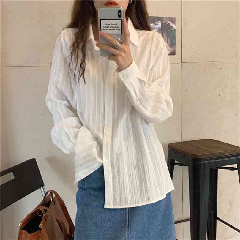 

White Striped Office Lady Loose Fashion Vintage Shirts Female Casual Tops All Match Streetwear Blouses 210525