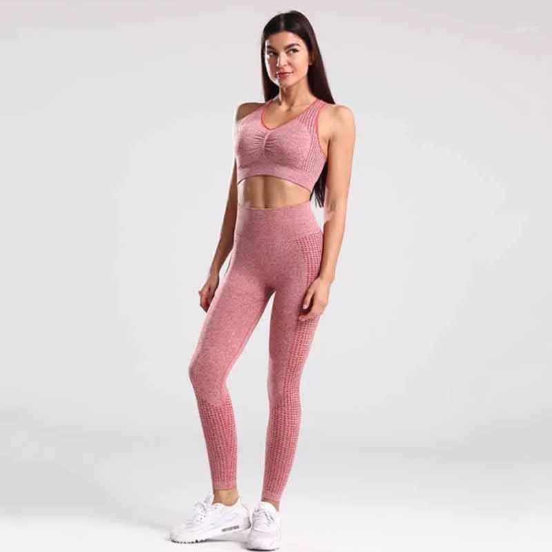 

Women Breathable Quick Drying High Waist Fitness Yoga Leggings Pants+Shockproof Gathered Padded Push Up Sports Bra Set Outfit, Pink