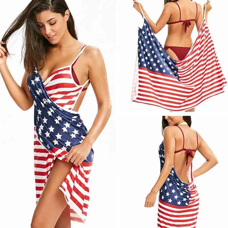 

new women's suspender american flag print beach skirt dress, Black;gray