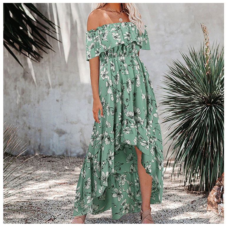 

2021independent station popular floral off-neck princess dress short sleeve elegant european and american womens clothing, Black;gray