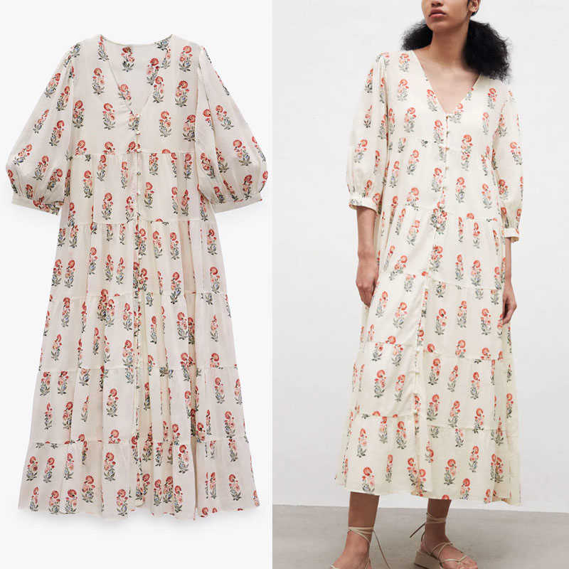 

Za Flowers Print Long Dress Women Summer Puff Sleeve Tiered Pleated Dresses Fashion Button Up Woman Vintage Beach Dress 210602, White