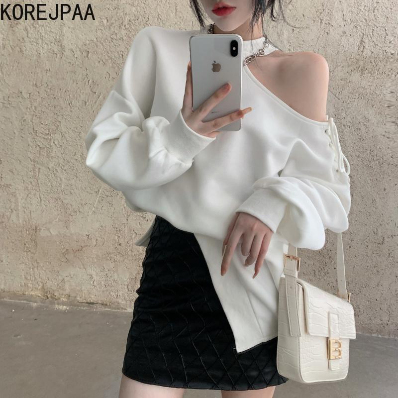 

Women's Hoodies & Sweatshirts Korejpaa Chic Hollow Sweatshirt Women 2021 Autumn Elegant O-neck Casual Long Sleeve Solid Color Korea Fashion, Black