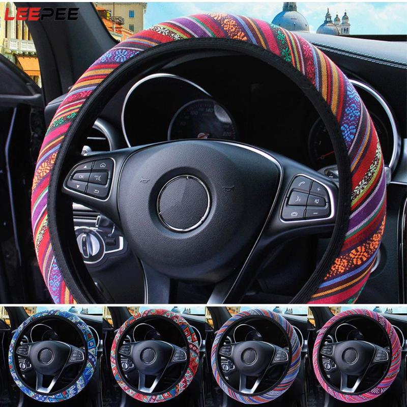 

Steering Wheel Covers Universal Elastic Car Cover Anti Slip Breathable Interior Accessories Linen Ethnic Style