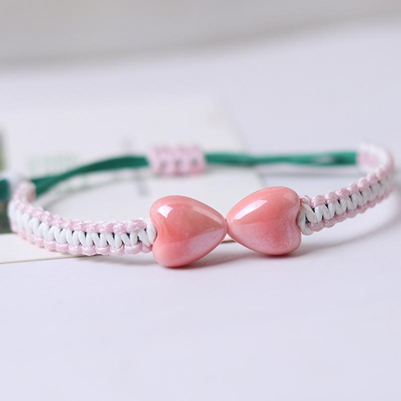

Charm Bracelets 2pcs Heart Style Big Hole Ceramic Beads Bracelet Braided Women Men Friends Couple Bangles Gift Holiday Decor Accessories, Golden;silver