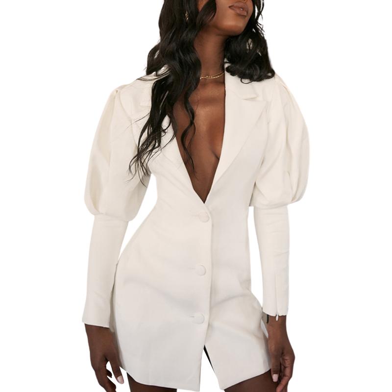 

Casual Dresses Fall Ladies Button-down Dress Adults Solid Color Tailored Collar Lantern Sleeve Siamese For Women 2021, White