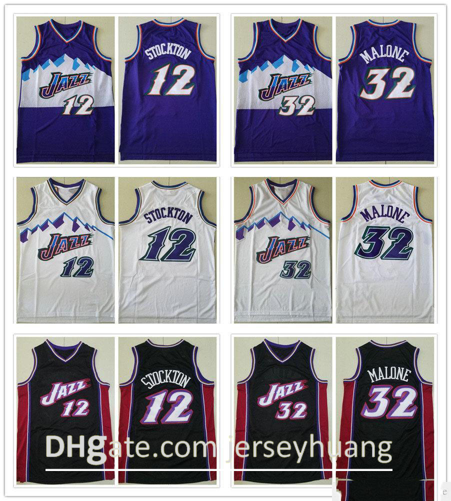 

Stitched Mesh Men John 12 Stockton Jerseys Vintage Purple White Black Karl 32 Malone Basketball College Shirts Fast Shipping, Black;red