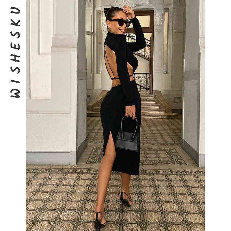 

Sexy Women Backless Midi Dress Turtleneck Long Sleeve Elegant Slim Dresses 2021 Autumn Black Casual Basic Bodycon Robe G1223