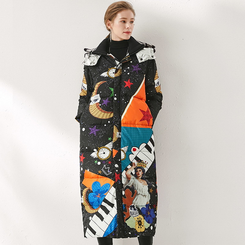 

leather Hooded Parkas Winter Casual Coats Women Music Instrument Prints Long Sleeve Warm Duck Down Outerwear Female, Black