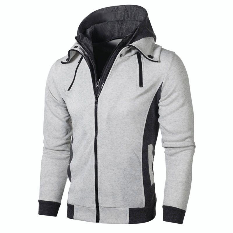 

Men' Jackets Coat Double Zipper Hooded Fashion Patchwork Autumn Winter Casual Cardigan Loose Male Jacket Plus Size M-3XL, Light grey