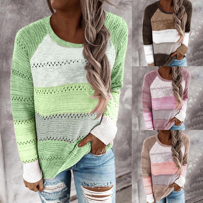 

Women' Sweaters Women Vintage Sweater 2021 Autumn Winter Round Neck Long Sleeve Hollow Out Pullover Color Block Casual Top -2XL, Green