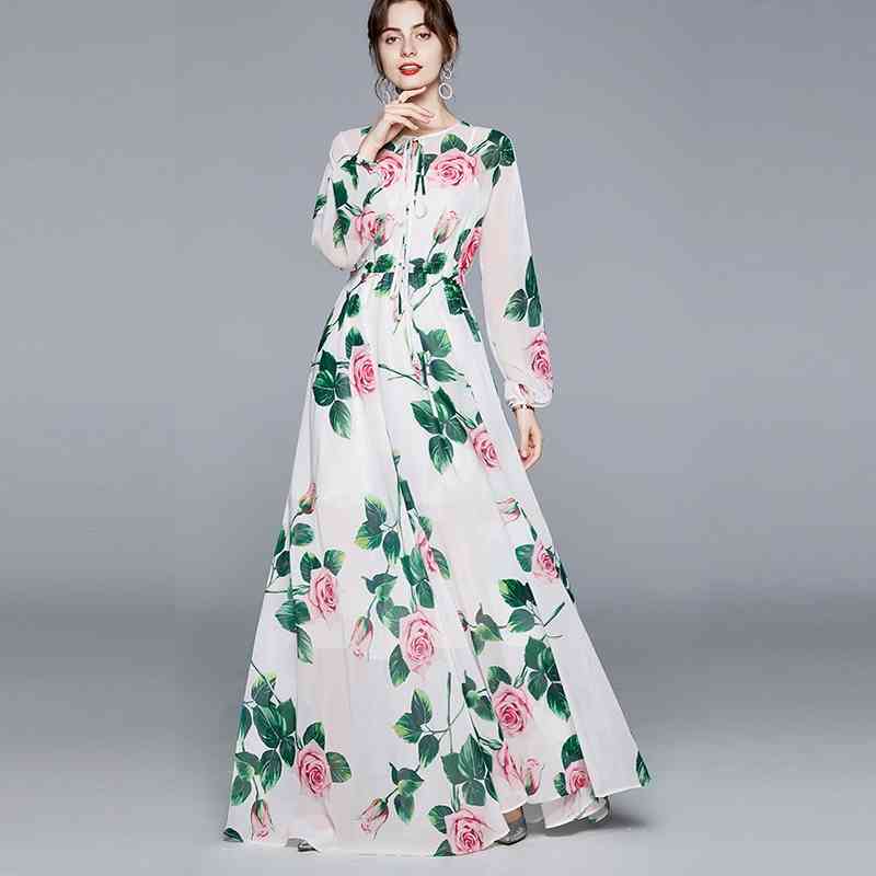 

Banulin Summer Fashion Runway Boho Maxi Dresses Women's Long Sleeve Rose Flowers Print Elastic Waist Holiday Elegant Dress 210603, White