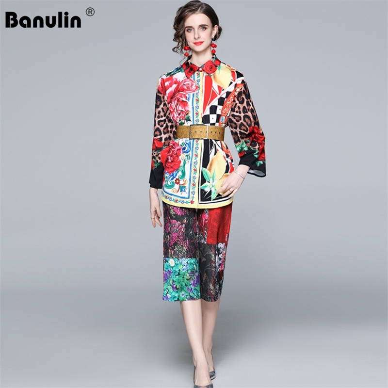 

Banulin Summer Runway Pants Suit Women Turn-down Collar Multicolor Vintage Print Top and Cropped Trousers 2 Pieces Set 210603, Mixed color