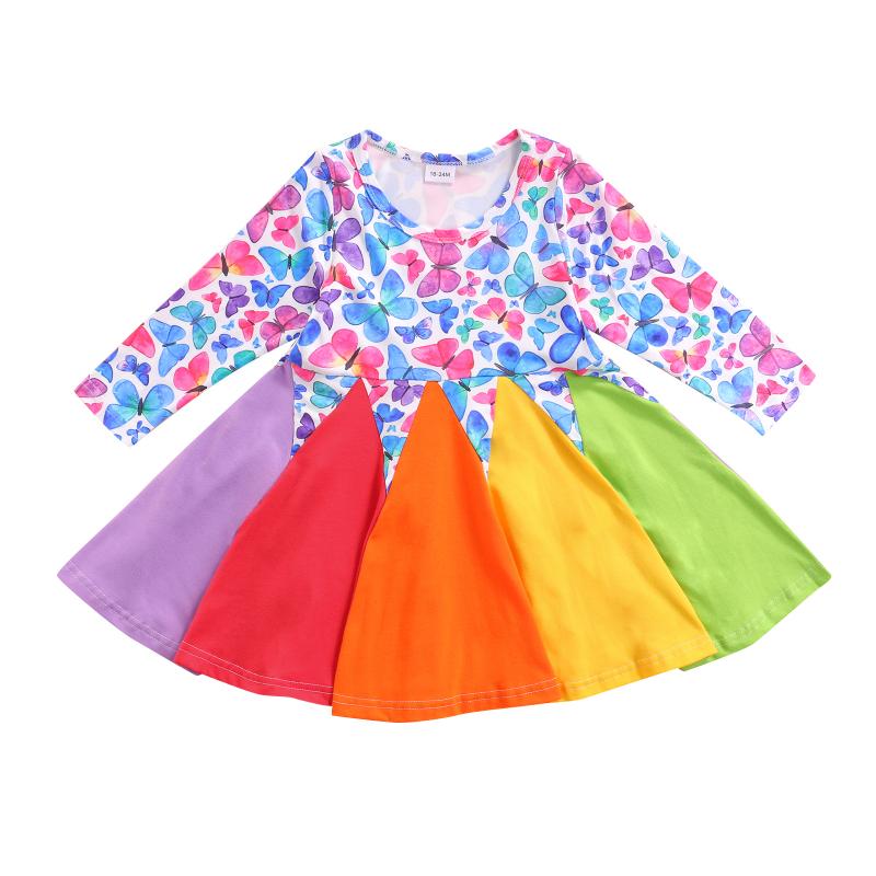 

Girl's Dresses Girls Princess Dress Multicolor Butterfly Printed Pattern Long Sleeve Round Collar, Multi