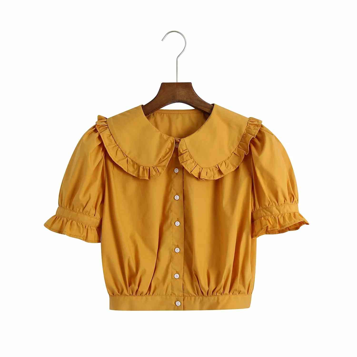 

Elegant Women Poplin Solid Color Short Sleeve Cropped Shirt Za Summer Female Single Breasted Blouse Streetwear 210521, Orange