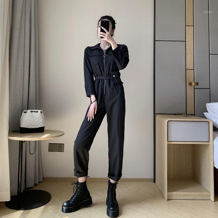 

Women's Jumpsuits & Rompers 2021 Women Jumpsuit Romper Long Sleeve Safari Style Black Winter Autumn Female Streetwear Overalls With Belt WJ5, Black;white