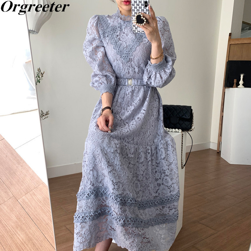 

Sweet Hook Flower Lace Dresses Women Spring Fall Stand collar Lantern Sleeve Blue/Pink Straight Dress With Belt Vestidos 210525