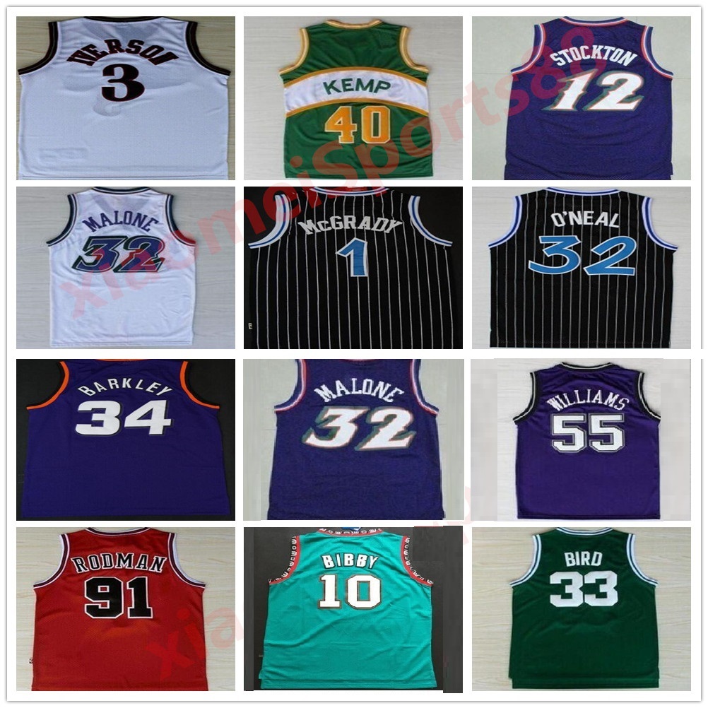 

Retro Basketball Jerseys Carter McGrady Penny Hakeem Stockton 32 Karl Malone 33 Hill ason West Allen 3 Iverson Mike Bibby kevin Garnett jersey, As shown in illustration