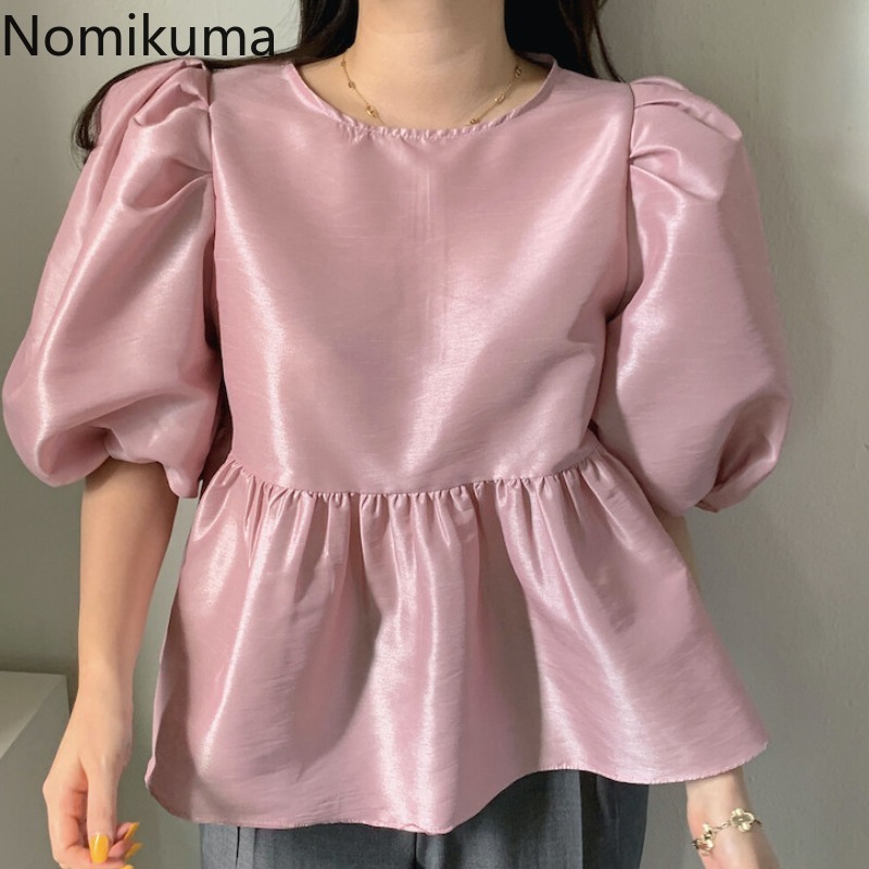 Nomikuma Causal Sweet Women Doll Shirt Puff Short Sleeve O-neck Blouses Spring Summer Slim Waist Ruffle Blusas Top 6F868 210427