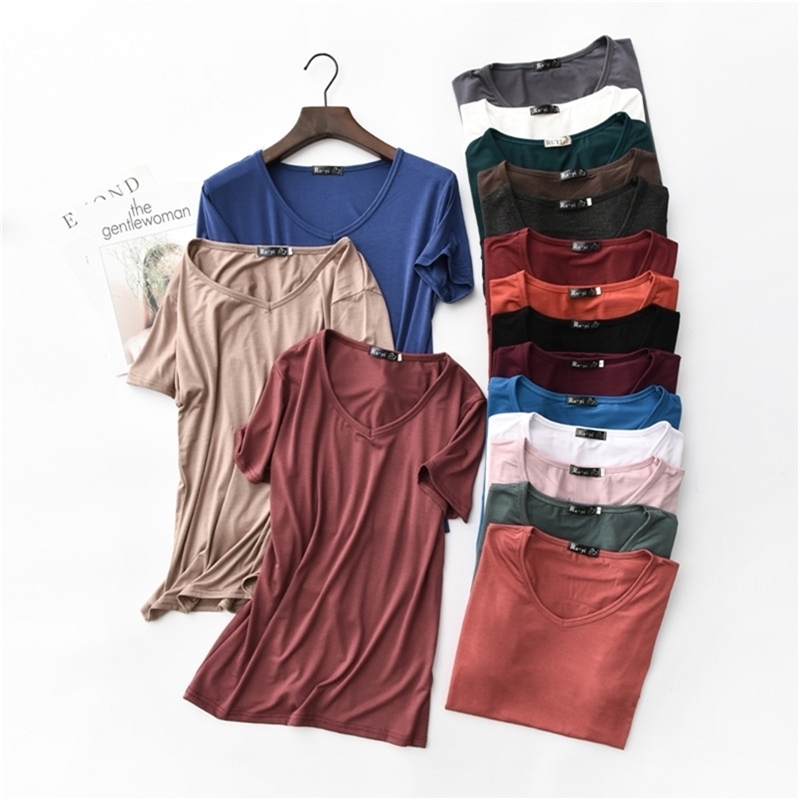 

17 Colors! High Elastic V-neck Tshirt Women Summer Short Sleeve t-shirt Female Cool Modal t shirts Free Drop 323 210708, D00323 zhuan red