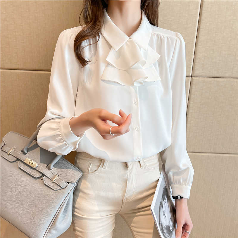

Korean Women Shirts Chiffon Blouses for White Woman Ruffles Tops Plus Size Office Lady Long Sleeve Bow 210604