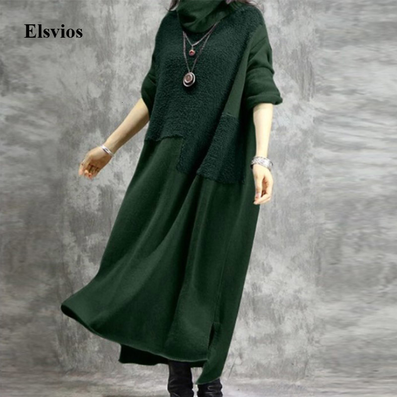 

Casual Dresses Vintage Woolen Patchwork Autumn Long Winter Turtleneck Sleeve Irregular Party Women Loose Maxi  UWGI, Gray