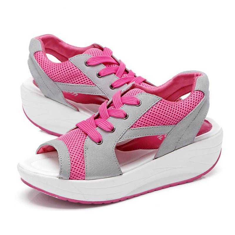 

Summer shoes women sandals 2021 new fish head lace-up wedge female breathable summer casual woman sneakers Y0721, Pink