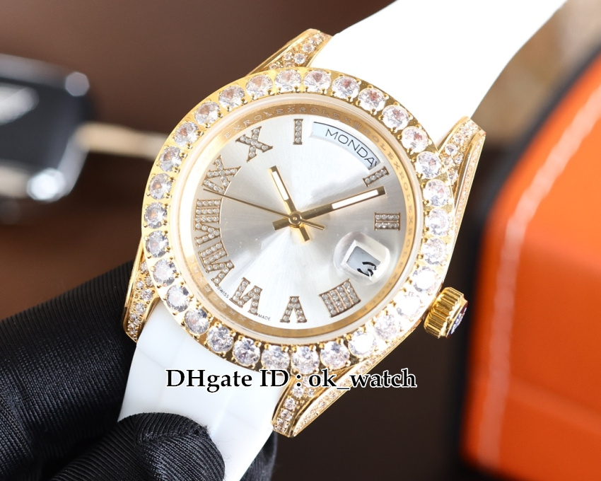 

New version 40mm Date Automatic Mens Watch 228348 228345 228396 228349 Big Diamond Bezel Silver Dial Gents Fashion Watches Rose Gold Case White Rubber Strap