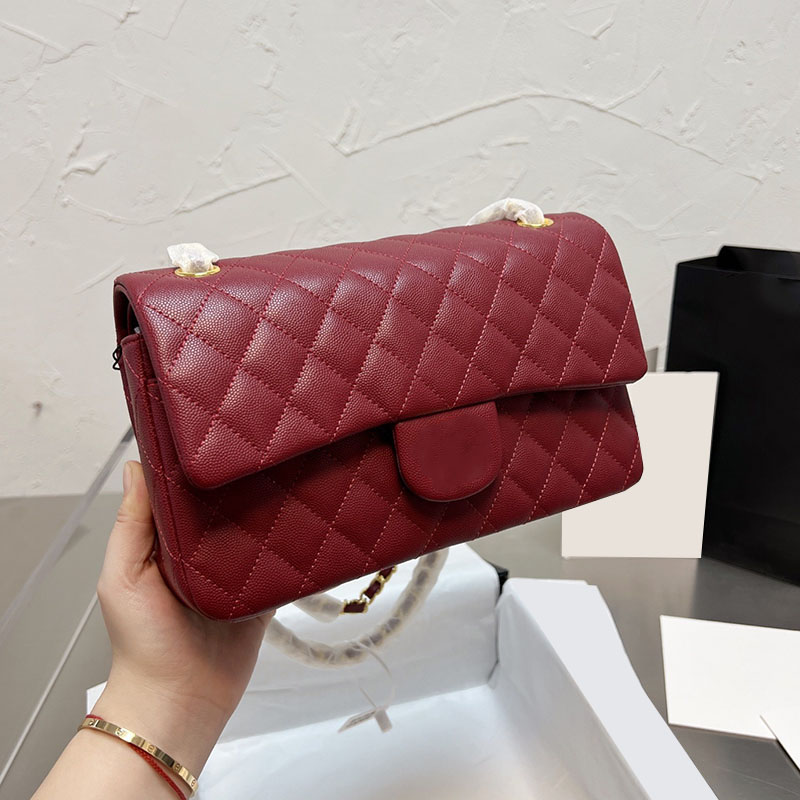

Lady 25CM Classic Rectangular Caviar/Lambskin Flap Bags Quilted Genuine Leather Gold Matelasse Chain Crossbody Shoulder Black White Red Luxury Designer Handbags, Box
