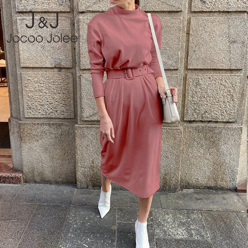 

Elegant Tunic Belted Knitted Women Sweater Dress Autumn Winter Casual Female Long Dress Fashion Turtleneck Pullover Dress 210518, As photo