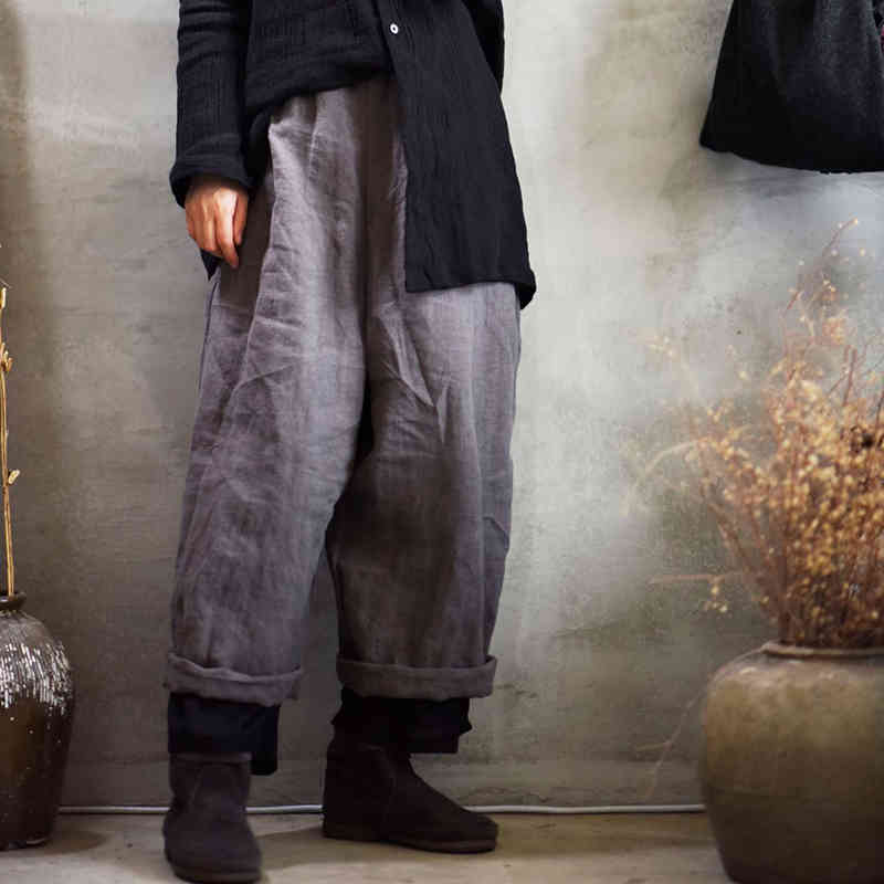 

Johnature Cotton Linen Elastic Mid Waist Loose Vintage Full Length Pants Spliced Color Casual Women Wide Leg Pants 210521, Black