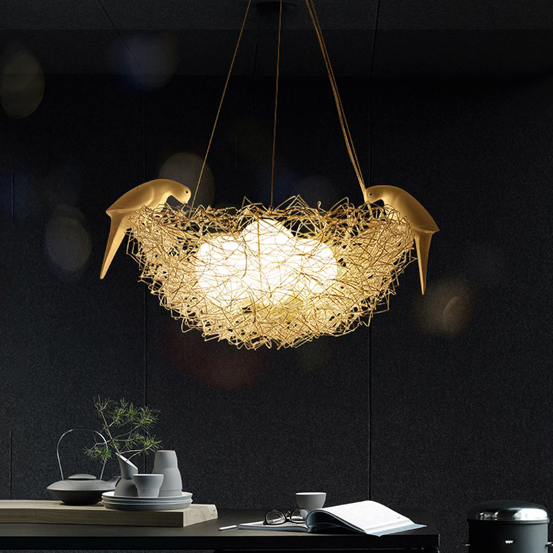 Creative Aluminum wire Bird's nest Pendant Lamps bird egg Nordic art children's room restaurant E27 led Pendant lamp-image-744832496