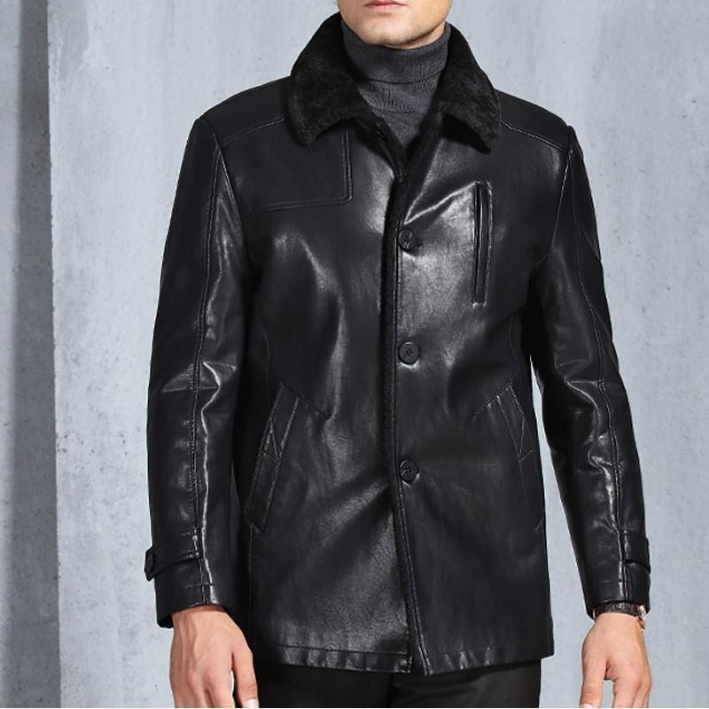 

Men's Fur & Faux Top Brand Mens Winter Warm Lining Pu Leather Jacket Motor Biker Windproof Male Jackets Office Work Slim Fit Outerwear Coat, Black
