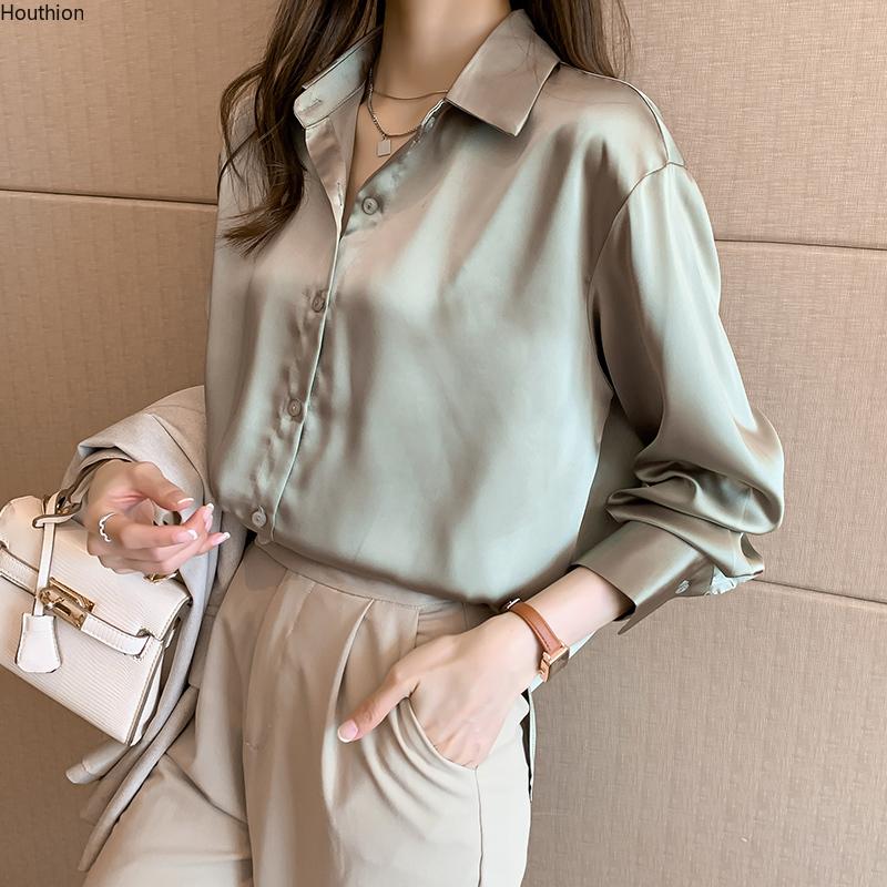 

Women's Blouses & Shirts Blouse Comfortable Top Fashion Poplin Solid Lapel Satin Plus Size Korean Casual Shirt Long-sleeved Lady, White