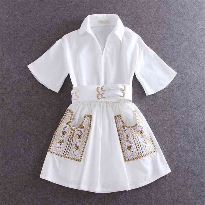 

in stock Summer Autumn Fashion Women Turn-down Collar Embroidery Floral Pockets Shirt Dress With Belt Mini Dresses 210519, Short sleeves
