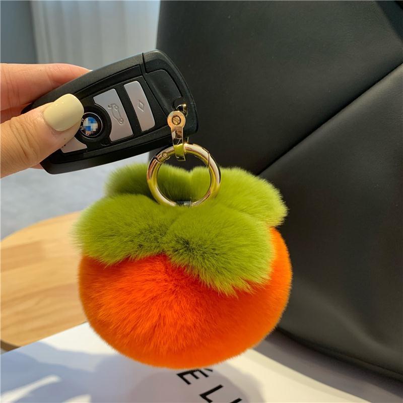 

Keychains Car Key Ring Real Rex Hair Persimmon Keychain Pendant Ins Cute Plush Ball School Bag Birthday Gift