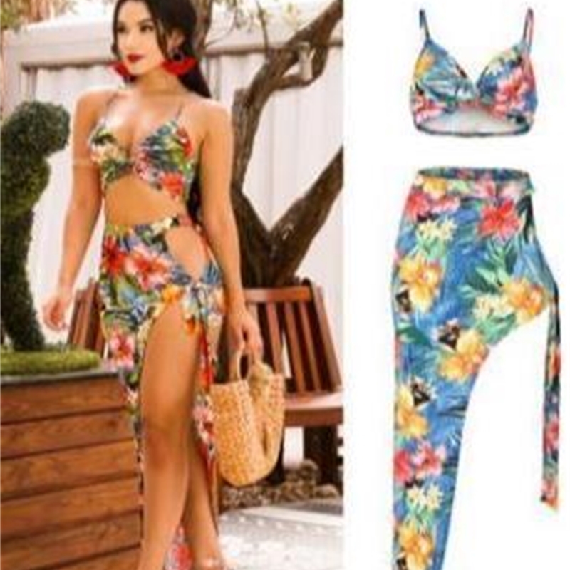 

Women Designer Swimsuit Beach Floral Dresses Female Holiday Bras Split Up Dress 2pcs Club Clothing Sets, Black;gray