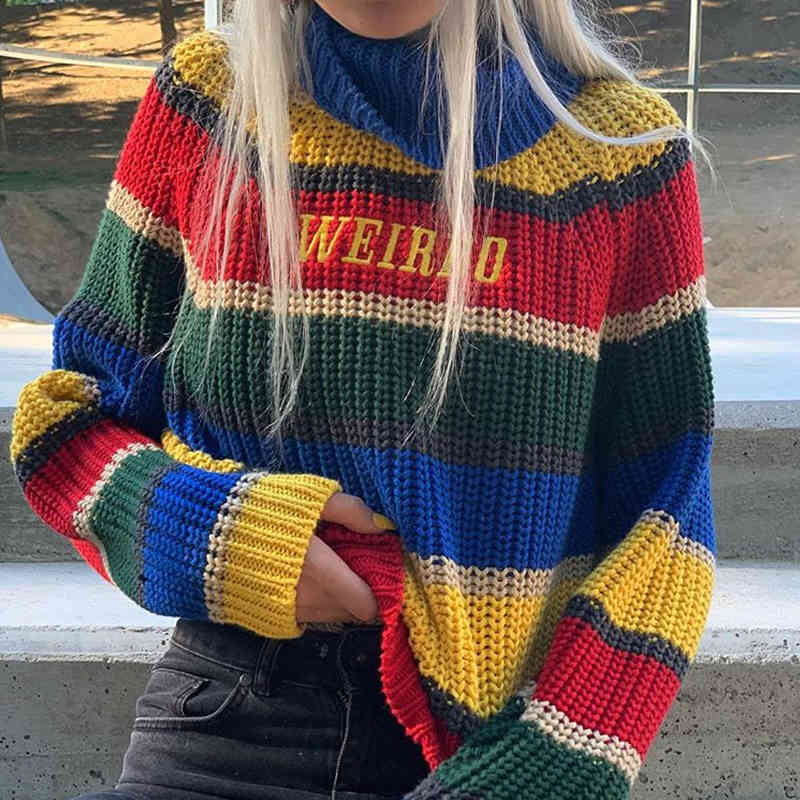 

Women's Sweaters Burlap of harjuku contrast stripes, turtleneck, embroidered mesh sweater, large women's blouse I5D2, 1# shoe box