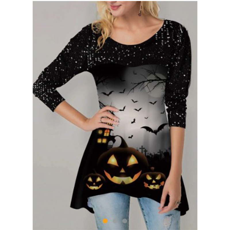 

Halloween Pumpkin Print Long Sleeve T Shirt Round Neck Tunic Top Retro, White