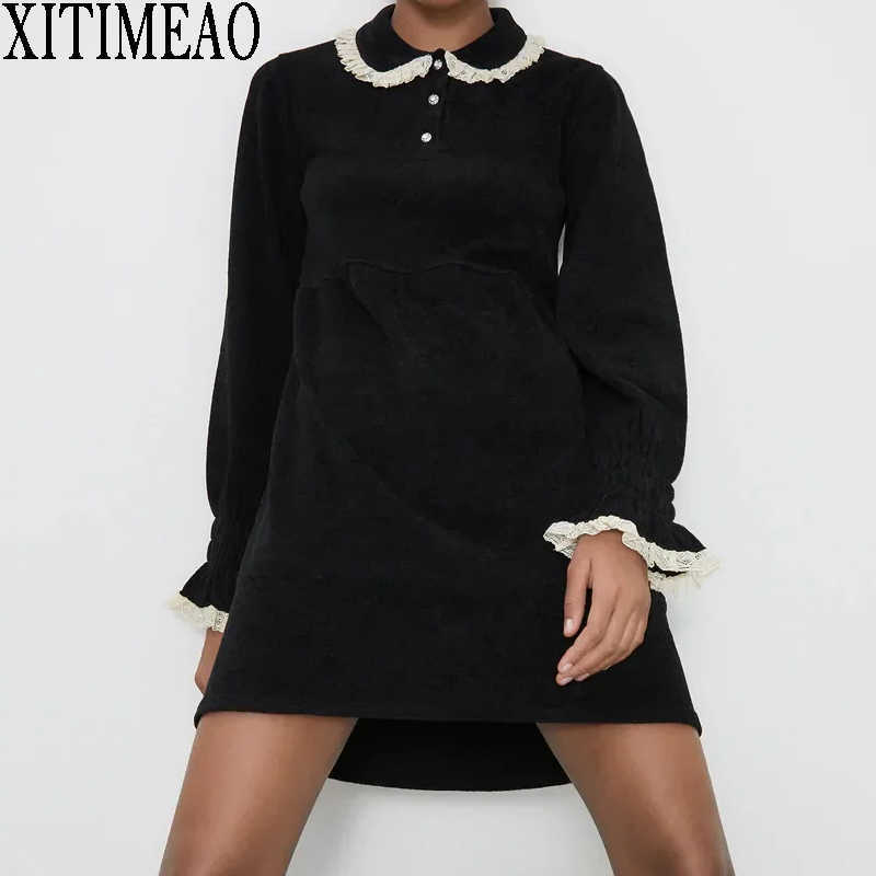 

ZA Winter Women Retro Elegant Long Sleeve Lapel Waist Hugging Graceful Black Thickening chenille Jersey Dress 210604