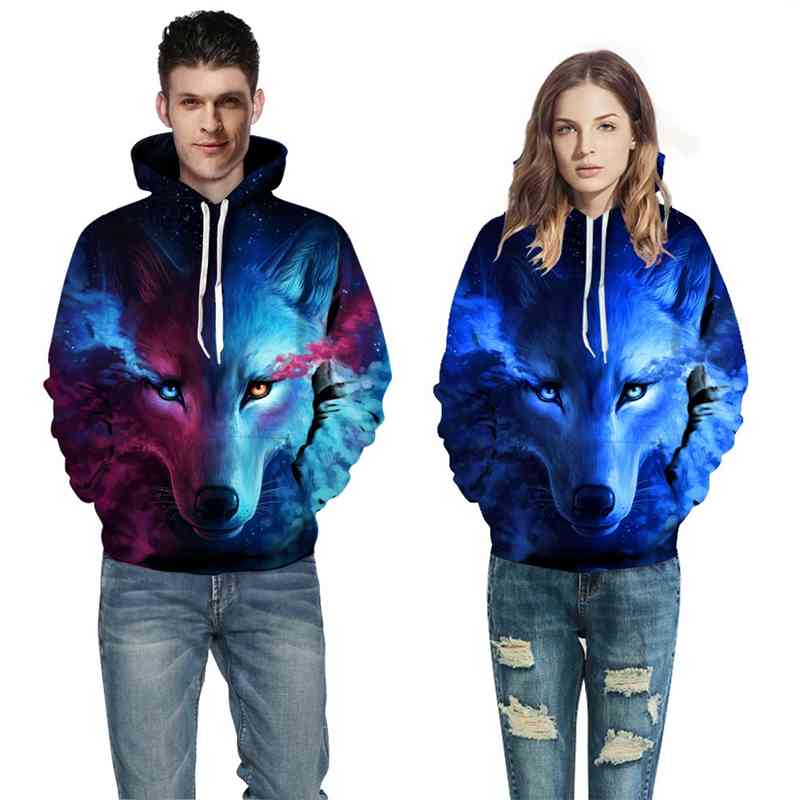 

2020 couple' 3D digital printing Hoodie men' Hoodie, Blue and red wolf