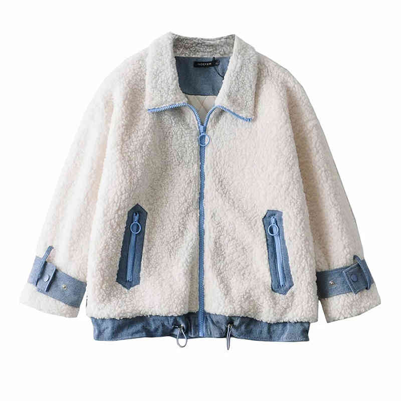 

Winter Fashion Spliced Drawstring Denim Faux Lamb Fur Coat Women Fashion Zippers Turn-down Collar Cashmere Jacket 210520, Multi